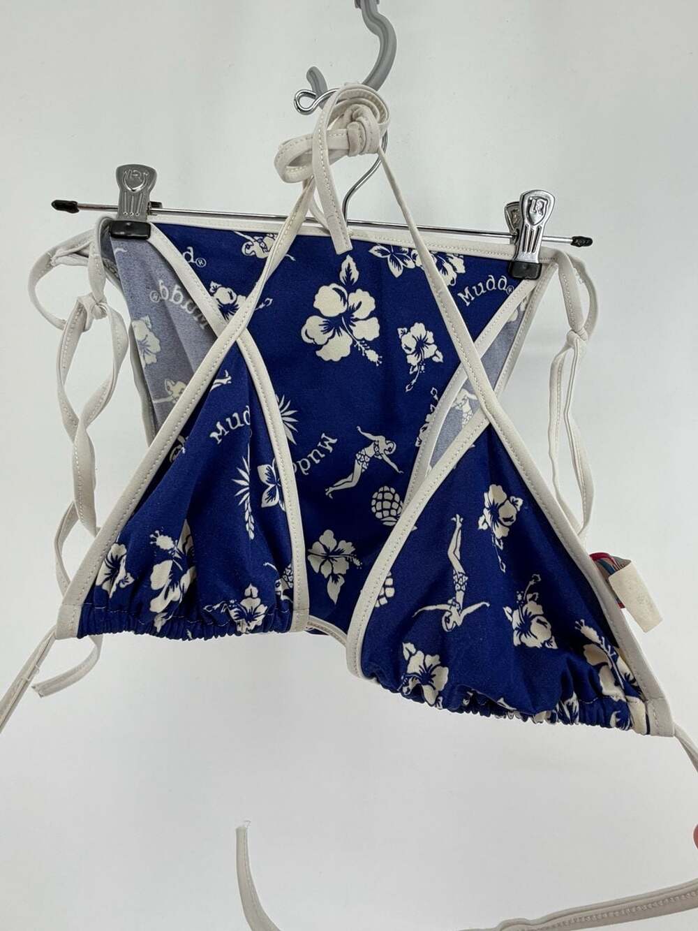 Y2K Mudd Swim Bikini Set Large Blue Hibiscus Hawaiian Pinup String USA
